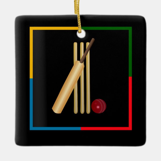 Ornement En Céramique Cricket, wicket, chauve-souris et balle, (Devant)