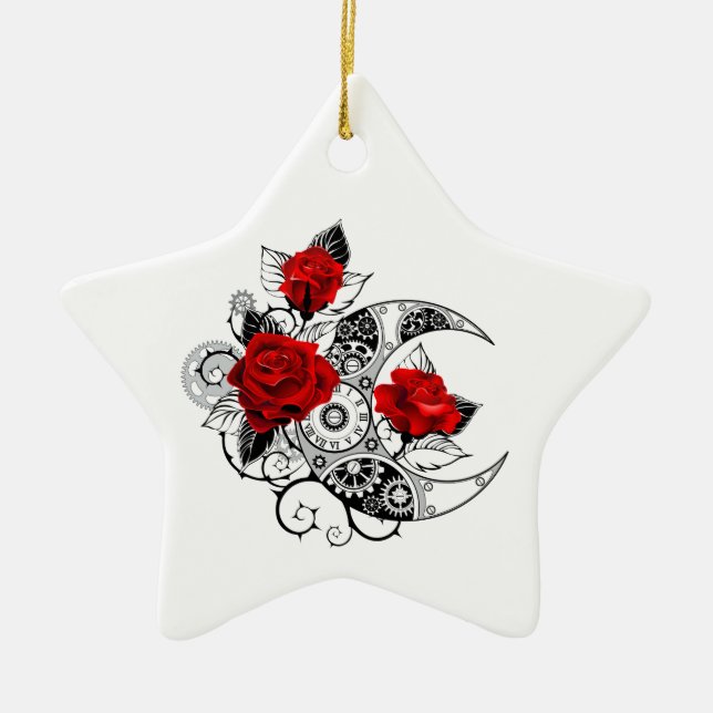 Ornement En Céramique Croissant mécanique avec roses rouges (Devant)