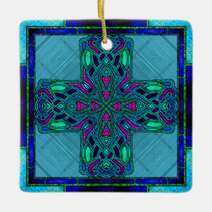 Ornement En Céramique Croix celtique en verre coloré bleu et aqua