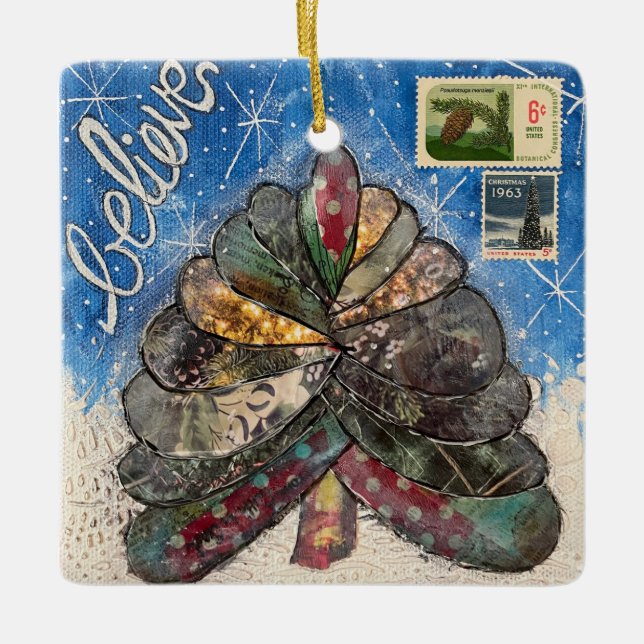 Ornement En Céramique Croyez l'arbre de Noël et les timbres (Devant)