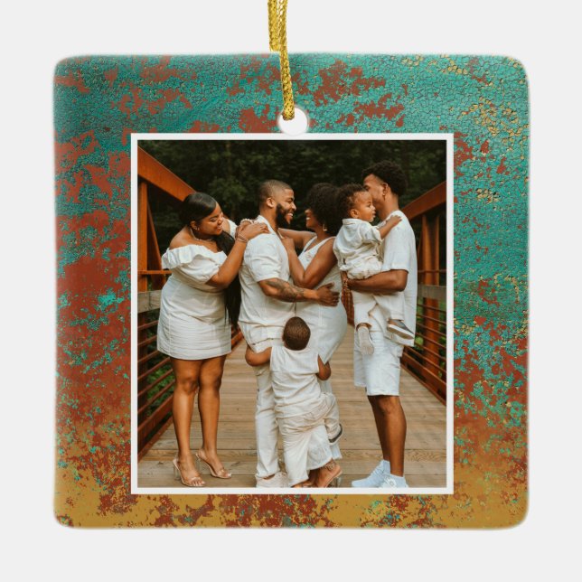 Ornement En Céramique Cuivre Turquoise Famille Photo Monogramme initial (Devant)