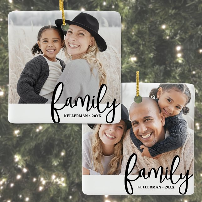 Ornement En Céramique Custom Double Sided Family Two Photo Christmas (Custom Double Sided Family Two Photo Christmas Ceramic Ornament)