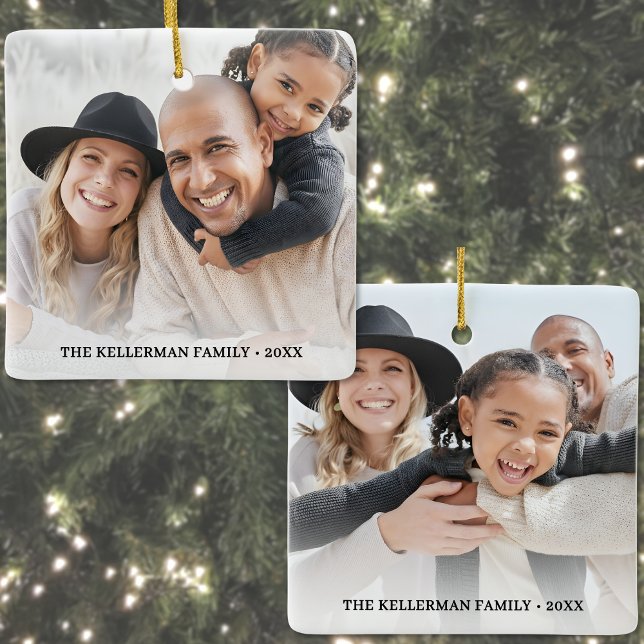Ornement En Céramique Custom Double Sided Family Two Photo Christmas (Custom Double Sided Family Two Photo Christmas Ceramic Ornament)