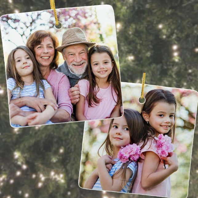 Ornement En Céramique Custom Double Sided Family Two Photo Christmas (Custom Double Sided Family Two Photo Christmas Ceramic Ornament)
