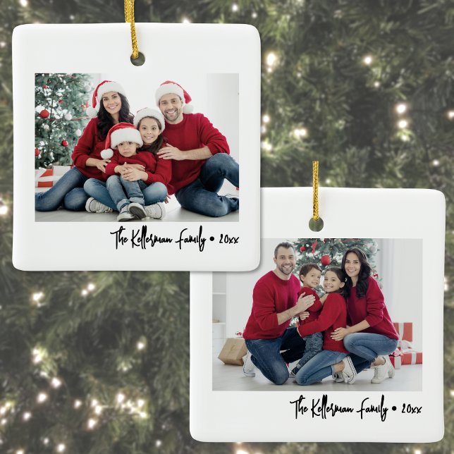Ornement En Céramique Custom Double Sided Family Two Photo Christmas (Custom Double Sided Family Two Photo Christmas Ceramic Ornament)