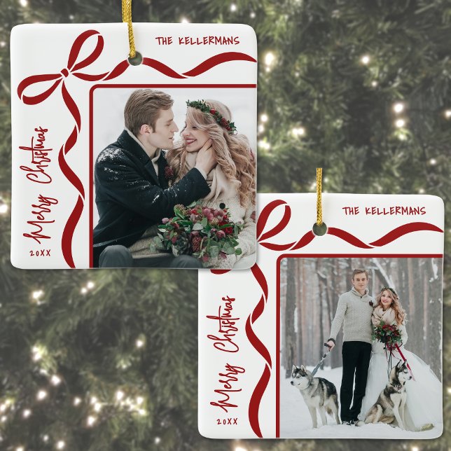 Ornement En Céramique Custom Double Sided Family Two Photo Christmas (Custom Double Sided Family Two Photo Christmas Ceramic Ornament)