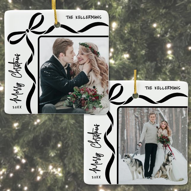 Ornement En Céramique Custom Double Sided Family Two Photo Christmas (Custom Double Sided Family Two Photo Christmas Ceramic Ornament )