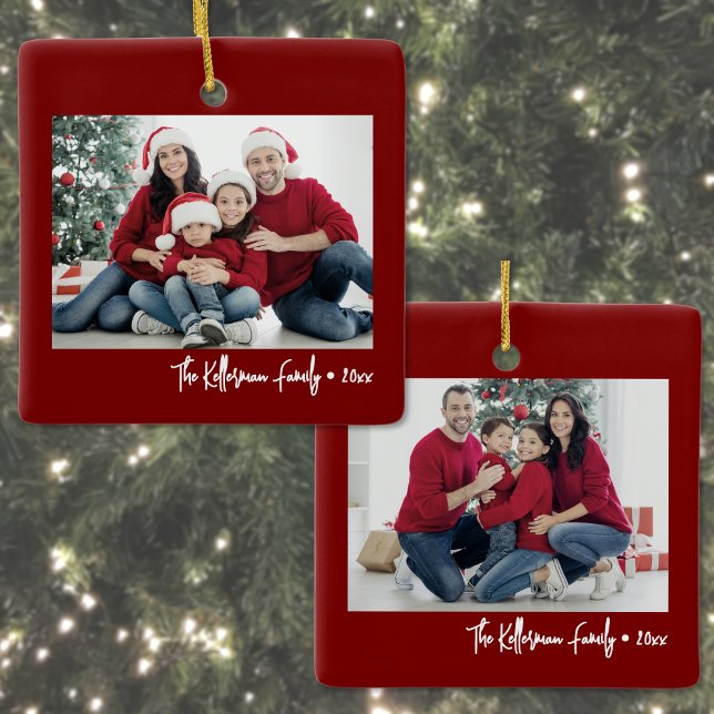 Ornement En Céramique Custom Double Sided Family Two Photo Christmas (Custom Double Sided Family Two Photo Christmas Ceramic Ornament)
