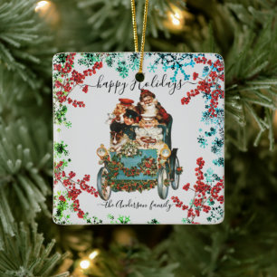 Ornement En Céramique Custom Happy Holidays Chic Rustic Vintage Ephemera