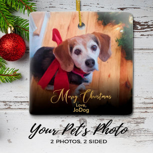 Ornement En Céramique Custom Own Pet Photo Elegant Gold Script Christmas