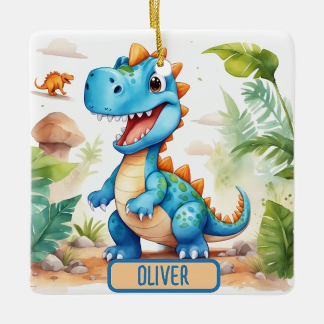 Ornement En Céramique Cute Blue Trex Dinosaur Personnalisé (Devant)