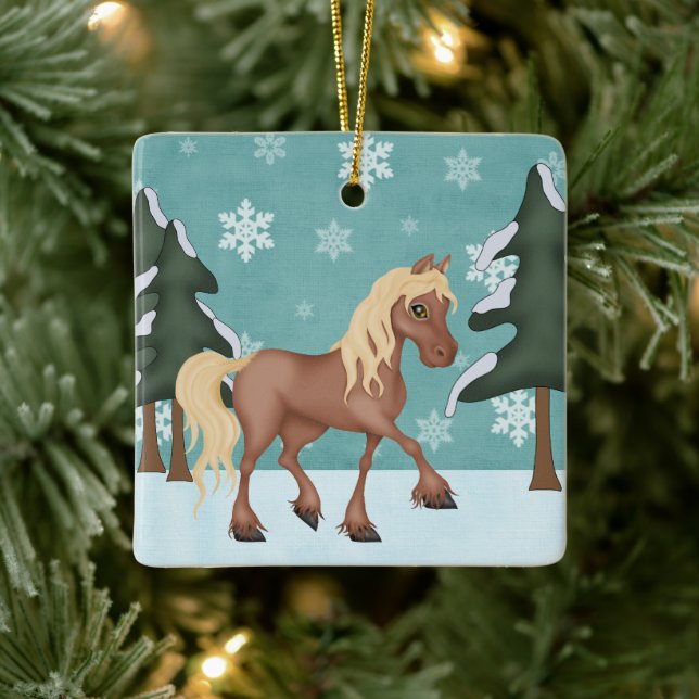 Ornement En Céramique Cute Brown Cheval personnalisé Noël neigeux (Arbre)