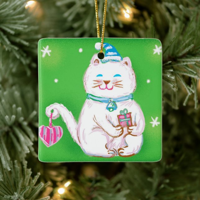 Ornement En Céramique Cute Cartoon Christmas Cat Wearing a Santa Hat (Arbre)