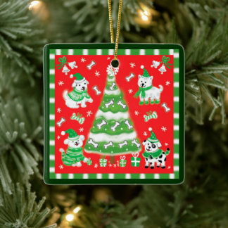 Ornement En Céramique Cute Christmas Tree and Puppy Dogs with Bones