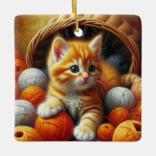 Ornement En Céramique Cute Orange et Kitten blanc Jouer en Fil