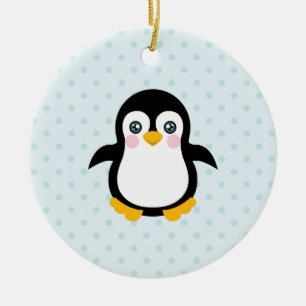 Ornement En Céramique Cute Penguin Design Blue Polka Dot Arrière - plan