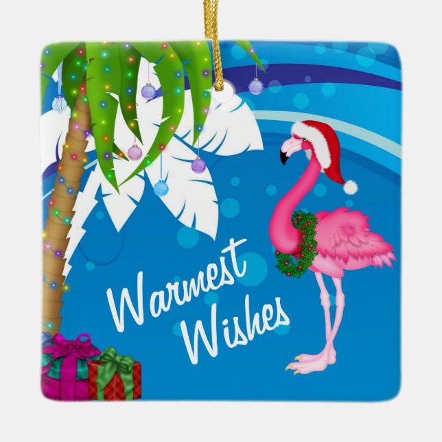 Ornement En Céramique Cute Père Noël Flamant rose de plage personnalisée (Devant)