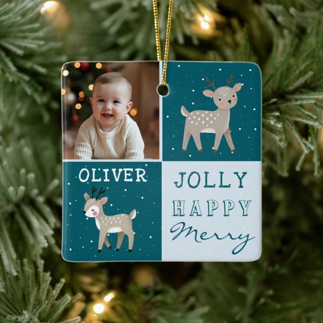 Ornement En Céramique Cute Personalized Baby Photo Reindeer Christmas (Arbre)