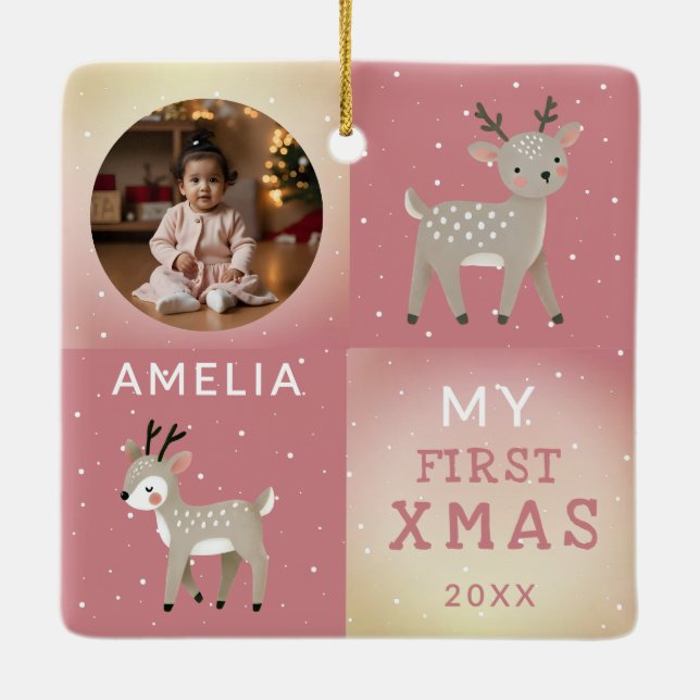 Ornement En Céramique Cute Personalized Baby Photo Reindeer Christmas (Dos)