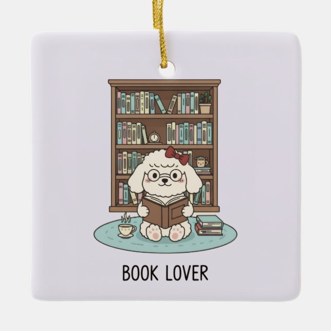 Ornement En Céramique Cute Poodle Puppy Dog Book Lover Pastel Christmas (Devant)