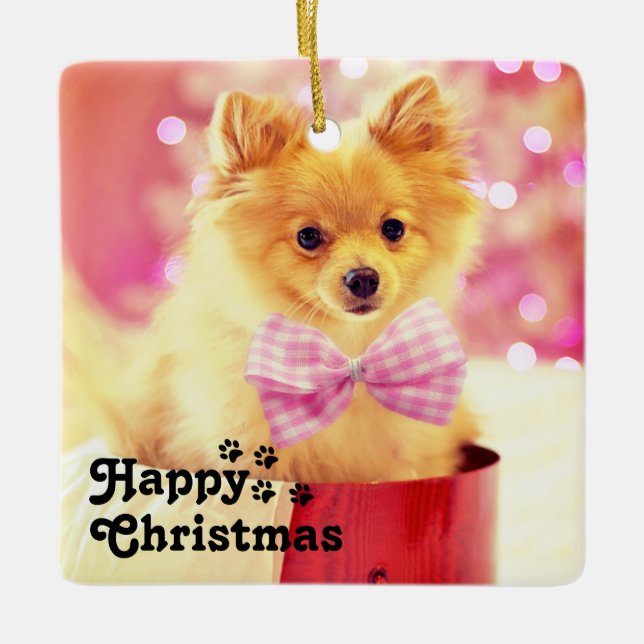 Ornement En Céramique Cute rose Ruban Puppy&Happy Noël unique (Devant)