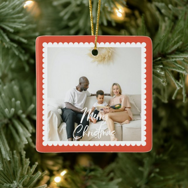 Ornement En Céramique Cute Scalloped 2 Photo Handwritten Christmas (Arbre)