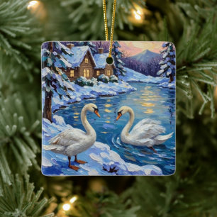 Ornement En Céramique Cygnes vintage sur un lac hivernal - Peinture de N