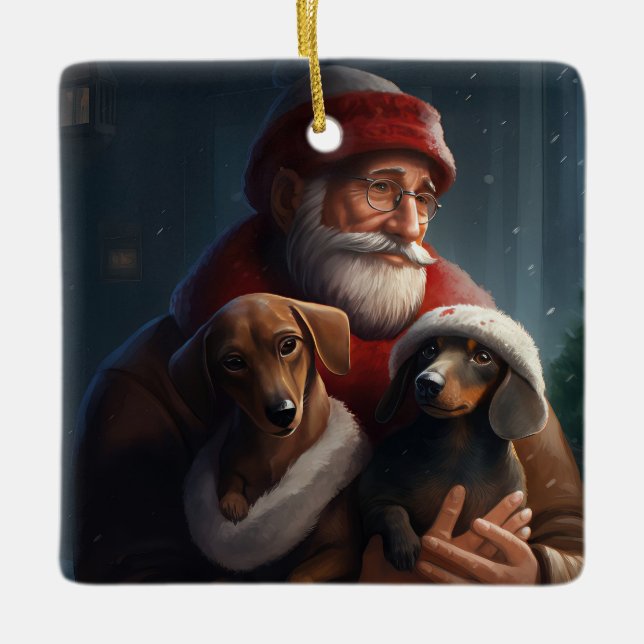 Ornement En Céramique Dachshund Avec Noël Festif Du Père Noël (Devant)