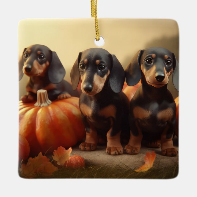 Ornement En Céramique Dachshund Chiot Automne Citrouille de plaisir (Devant)