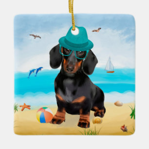 Ornement En Céramique Dachshund Dog sur la plage