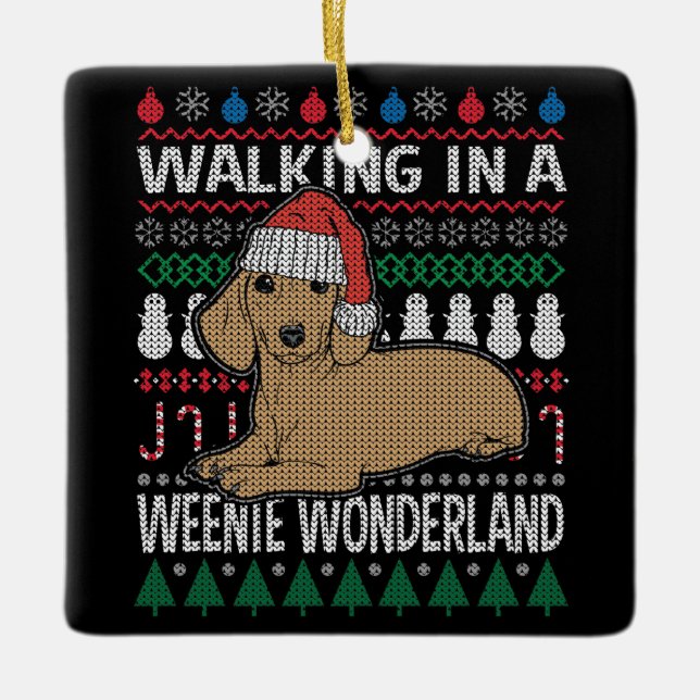 Ornement En Céramique Dachshund Marcher Dans Une Wonderland Weenie (Devant)