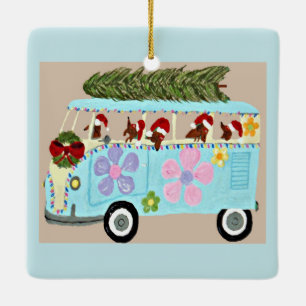 Ornement En Céramique Dachshunds dans leur Van Hippie de Noël