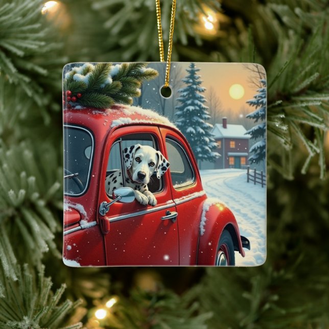 Ornement En Céramique Dalmatian Snowy Car Ride Christmas Painting (Arbre)