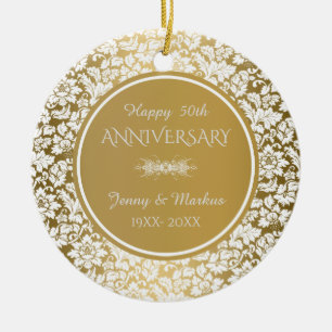 Ornement En Céramique Damas florales blanches - 50e anniversaire de Mari