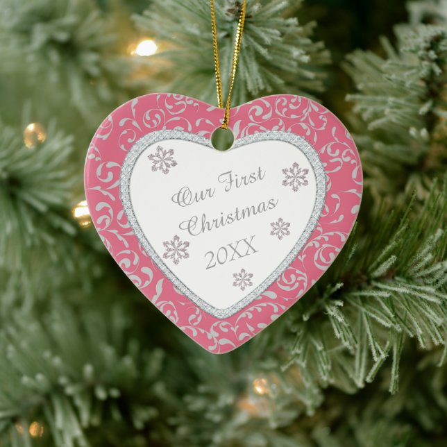 Ornement En Céramique Damas rose Faux Diamond Premier Noël (Arbre)