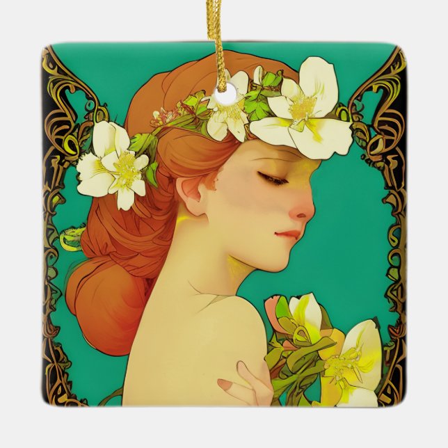 Ornement En Céramique Dame celtique avec des fleurs dans ses cheveux (Devant)