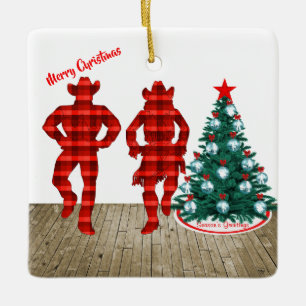 Ornement En Céramique Danseurs de ligne avec un joyeux Noël rouge Plaid