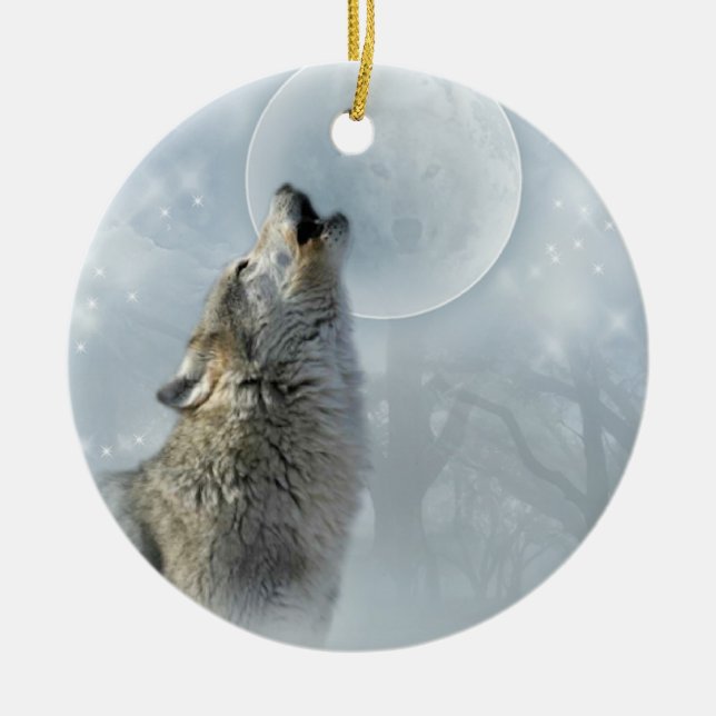 Ornement en céramique de lune bleue de loup (Devant)