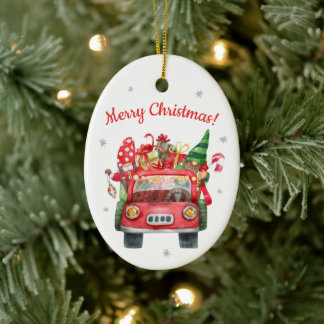 Ornement en céramique de Noël avec voiture rouge