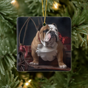 Ornement En Céramique Décor de Noël Bulldog Snowy Sleigh