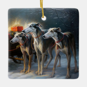 Ornement En Céramique Décor de Noël Greyhound Snowy Sleigh