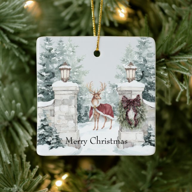 Ornement En Céramique Deer Red Coat Snow Christmas (Arbre)