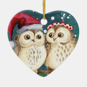 Ornement en céramique des Chouettes de Noël