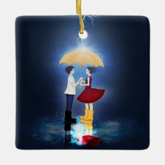 Ornement En Céramique Détail de "Lovestruck" Couple Sharing Umbrella (Devant)
