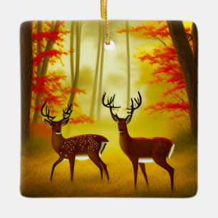 Ornement En Céramique Deux cerfs dans une forêt d'automne / Bois