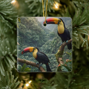 Ornement En Céramique Deux Oiseaux Toucans Tropicaux,