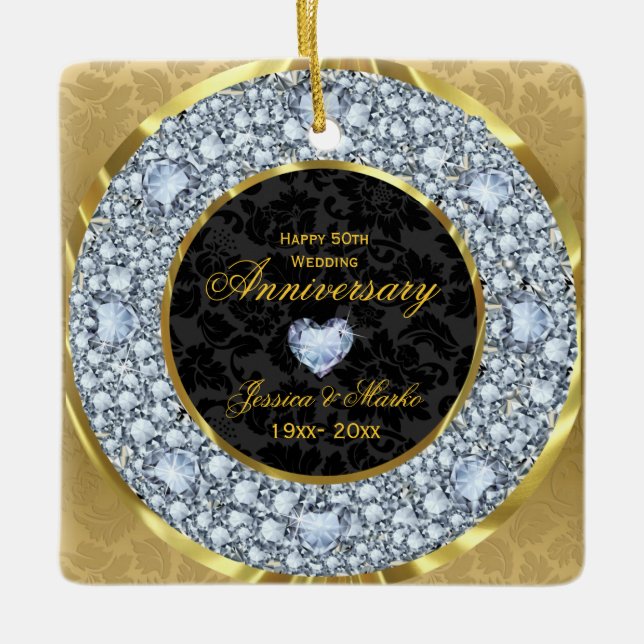 Ornement En Céramique Diamants, Black & Gold Damask 50e anniversaire (Devant)