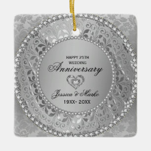 Ornement En Céramique Diamants blancs et Damas d'argent 25e anniversaire