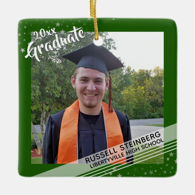 Ornement En Céramique Diplômé, bordure verte modifiable, deux photos (Devant)
