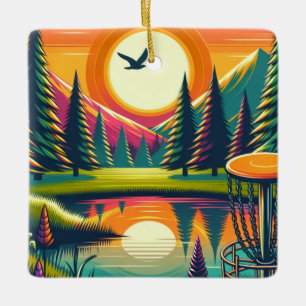 Ornement En Céramique Disque Golf Coucher de soleil et arbres Joyeux Dis